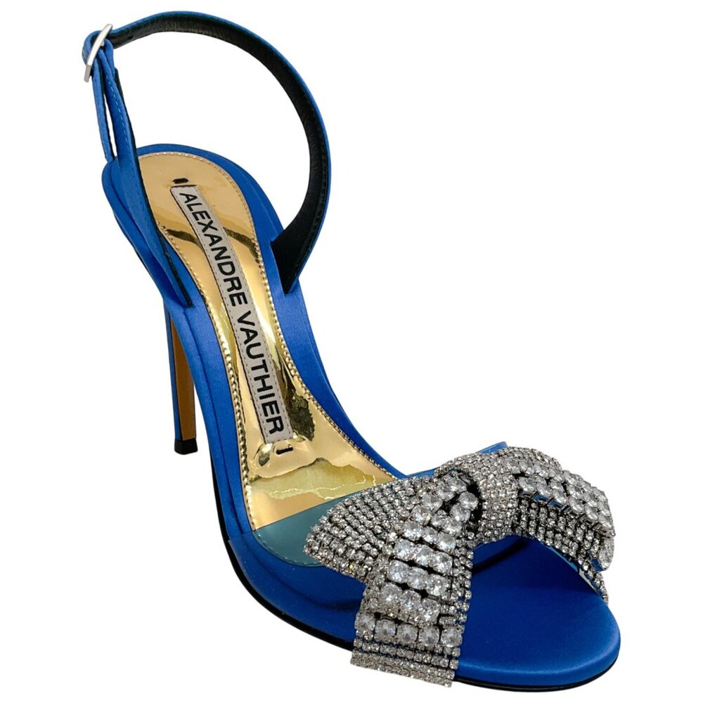 Alexandre Vauthier Cobalt Blue Satin Slingback Sandals with Crystal Embellished